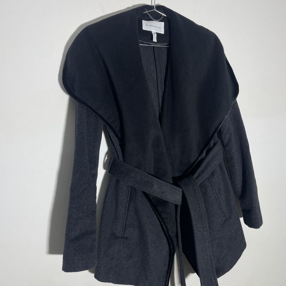 Elegant BCBGMaxazria Draped Front Gray Black Belted Wool Blend Peacoat Jacket